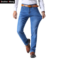 Brat Wang klasyczny styl mężczyźni marka Jeans Business Casual rozciągliwe dopasowanie spodnie jeansowe jasnoniebieskie czarne męskie 2